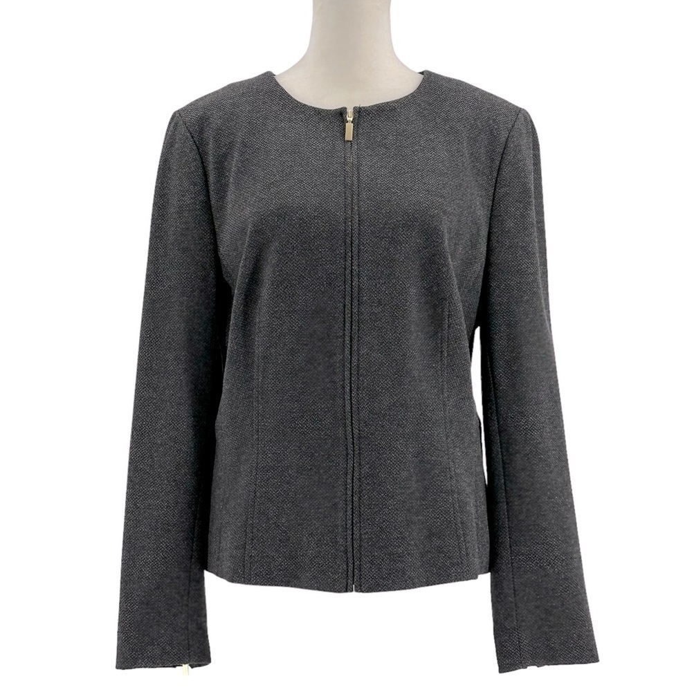Talbots Gray Tweed Zipper Front Collarless Peplum Back Blazer Jacket‎ Size 14